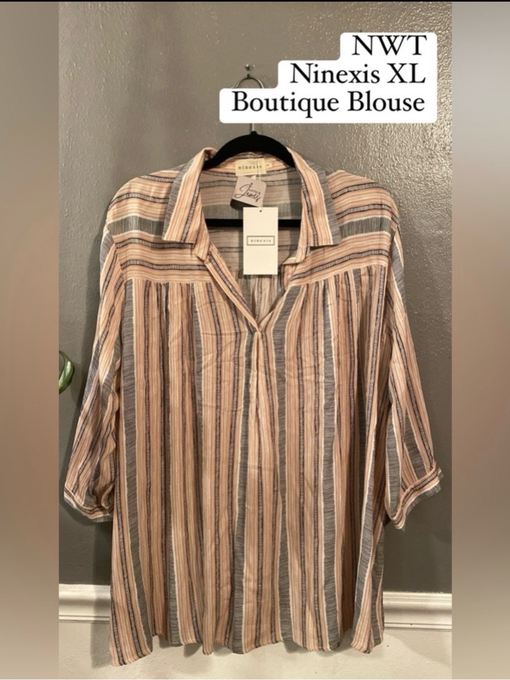 Ninexis XL women’s Casual Button-Down Shirt Tunic in Neutral Stripe